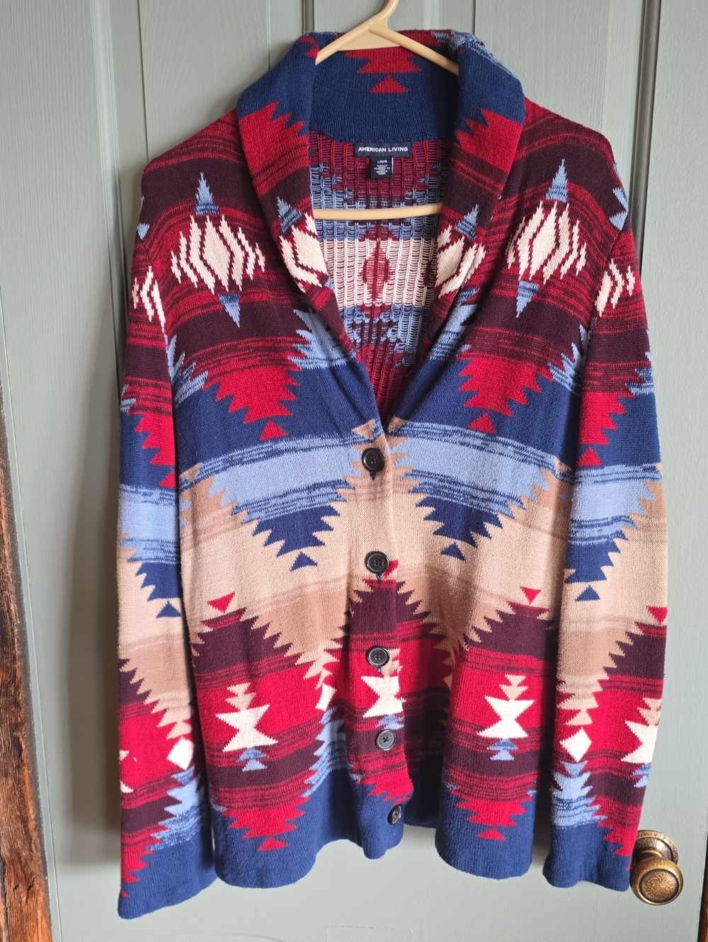 American Living Aztec Shawl-Collar Cardigan Sweater - Red, Blue, Tan